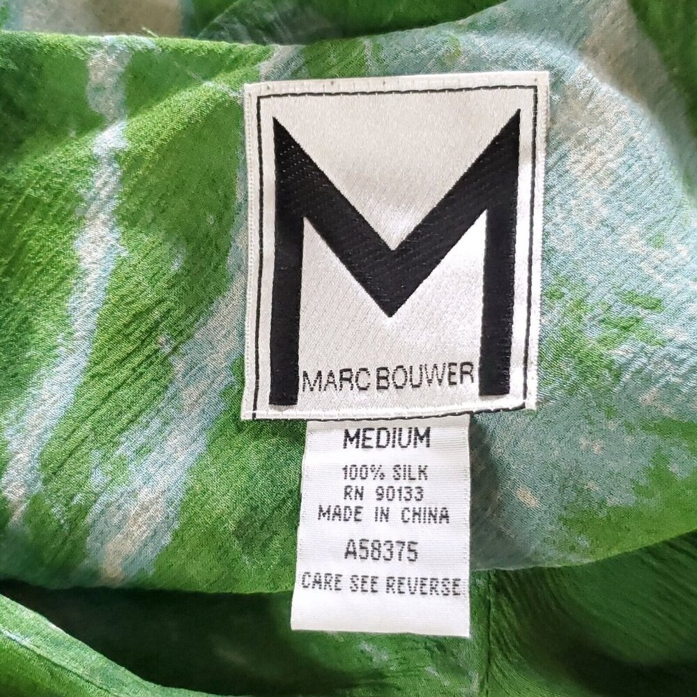Marc Bouwer Silk Blouse Sz M Green Blue Crinkle Ruffle - Picture 6 of 7